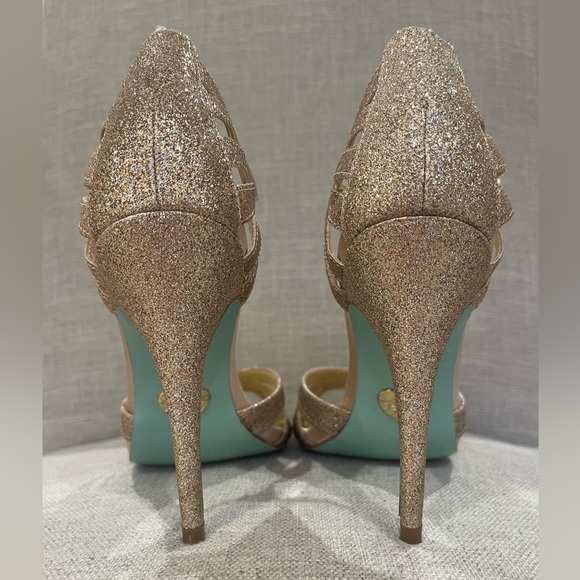 Betsey Johnson gold glitter high heels in style similar to Jimmy Choo Ivette. - Picture 5 of 8